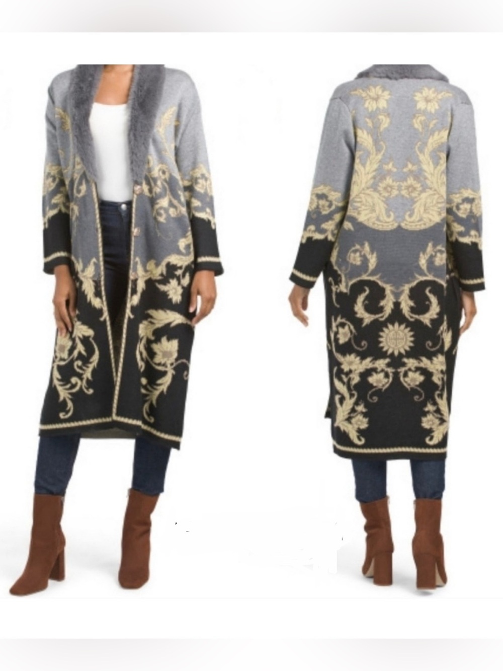 VERTIGO Paris Baroque Scrolls Cardigan Faux Fur Collar Sweater Duster Coat Sz M